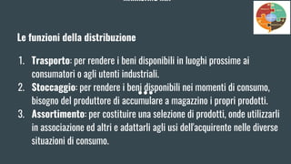 MARKETING MIX
Le funzioni della distribuzione
1. Trasporto: per rendere i beni disponibili in luoghi prossime ai
consumatori o agli utenti industriali.
2. Stoccaggio: per rendere i beni disponibili nei momenti di consumo,
bisogno del produttore di accumulare a magazzino i propri prodotti.
3. Assortimento: per costituire una selezione di prodotti, onde utilizzarli
in associazione ed altri e adattarli agli usi dell'acquirente nelle diverse
situazioni di consumo.
 