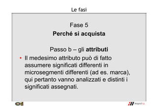 Le fasi
Fase 5
Perché si acquista
Passo b – gli attributi
• Il medesimo attributo può di fatto
assumere significati differenti in
microsegmenti differenti (ad es. marca),
qui pertanto vanno analizzati e distinti i
significati assegnati.
 
