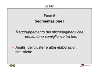 Le fasi
Fase 6
Segmentazione I
Raggruppamento dei microsegmenti che
presentano somiglianze tra loro
• Analisi dei cluster e altre elaborazioni
statistiche
 