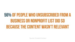 56% of people who unsubscribed from a
business or nonprofit list did so
because the content wasn’t relevant
Source: Constant Contact
 
