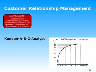 Customer Relationship Management Analytisches CRM Kundenanalyse: Kundenbewertung, Kontakt-, Reaktionsdaten auswerten um optimales Kundenwissen zur -profitsteigerung zu erhalten Kunden-A-B-C-Analyse ABC-Analyse als Lorenzkurve 