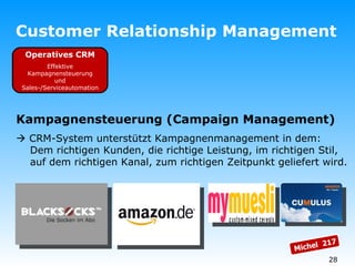 Customer Relationship Management Kampagnensteuerung (Campaign Management)    CRM-System unterstützt Kampagnenmanagement in dem:   Dem richtigen Kunden, die richtige Leistung, im richtigen Stil,   auf dem richtigen Kanal, zum richtigen Zeitpunkt geliefert wird. Michel  217 Operatives CRM Effektive Kampagnensteuerung und Sales-/Serviceautomation 