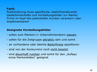 Fazit: Positionierung muss spezifische, bedürfnisrelevante Gedächtnisinhalte und Vorstellungsbilder zur Marke/ Firma im Kopf des potentiellen Kunden verankern oder Implementieren!   Geeignete Vorstellungsbilder   - sollen zum Marken-/+ Unternehmenskern  passen - sollen für die Zielgruppe  attraktiv  sein und somit - an vorhandene oder latente  Bedürfnisse  appellieren - sind von der Konkurrenz noch  nicht besetzt - sind  dauerhaft nutzbar  und somit für den „Aufbau   eines Markenbildes“ geeignet 