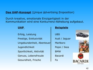 UAP  Beispiele Erfolg, Leistung  UBS Prestige, Exklusivität Audi / Jaguar Ungebundenheit, Abenteuer Marlboro    Jugendlichkeit Pepsi / Ikea Sportlichkeit, Aktivität BMW Genuss, Lebensfreude Bacardi Gesundheit, Frische Fa Das UAP-Konzept  ( U nique  A dvertising  P roposition) Durch kreative, emotionale Einzigartigkeit in der Kommunikation wird eine Konkurrenz-Abhebung aufgebaut. 