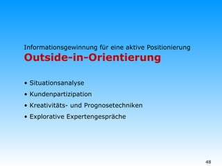 Informationsgewinnung für eine aktive Positionierung Outside-in-Orientierung Situationsanalyse Kundenpartizipation Kreativitäts- und Prognosetechniken Explorative Expertengespräche 