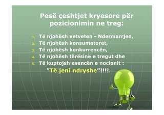 Pesë çeshtjet kryesore për
       pozicionimin ne treg:

1.   Të   njohësh vetveten - Ndermarrjen,
2.   Të   njohësh konsumatoret,
3.   Të   njohësh konkurrencën,
4.   Të   njohësh tërësinë e tregut dhe
5.   Të   kuptojsh esencën e nocionit :
          ”Të jeni ndryshe”!!!!.
 