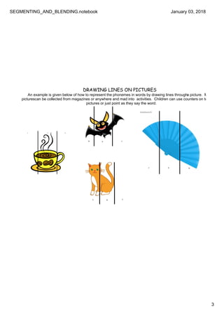 SEGMENTING_AND_BLENDING.notebook
3
January 03, 2018
DRAWING LINES ON PICTURES
An example is given below of how to represent the phonemes in words by drawing lines through a picture.  Many 
picturescan be collected from magazines or anywhere and mad into  activities.  Children can use counters on top of the 
pictures or just point as they say the word.
 