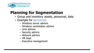 Planning for Segmentation
• Group and inventory assets, personnel, data
• Example for personnel:
– Windows server admins
– Windows workstation admins
– Unix admins
– Security admins
– Network admins
– HR Dept
– Executive management
 