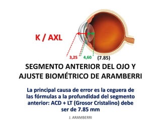 3,25 4,60 (7.85)
K / AXL
SEGMENTO ANTERIOR DEL OJO Y
AJUSTE BIOMÉTRICO DE ARAMBERRI
La principal causa de error es la ceguera de
las fórmulas a la profundidad del segmento
anterior: ACD + LT (Grosor Cristalino) debe
ser de 7.85 mm
J. ARAMBERRI
 