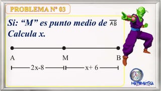 Si: “M” es punto medio de
Calcula x.
A M B
2x-8 x+ 6
 