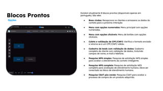 Existem atualmente 8 blocos prontos (disponíveis apenas em
português). São eles:
● Boas vindas: Recepciona os clientes e armazena os dados do
contato para a próxima interação
● Menu com opções numeradas: Menu principal com opções
numeradas.
● Menu com opções clicáveis: Menu de botões com opções
clicáveis.
● Coleta e validação de CPF/CNPJ: Verifica o formato enviado
e retorna se é um CPF/CNPJ válido.
● Cadastro de leads com validação de dados: Cadastro
completo de cliente com validação de dados, incluindo
campos de nome, e-mail e telefone.
● Pesquisa NPS simples: Pesquisa de satisfação NPS simples
para avaliar o atendimento do contato inteligente.
● Pesquisa NPS completa: Pesquisa de satisfação NPS
completa para avaliação de atendimento humano. Deve ser
conectado ao bloco de atendimento humano.
● Pesquisa CSAT pós-venda: Pesquisa CSAT para avaliar o
processo de compra de um produto adquirido.
Blocos Prontos
Opções
 