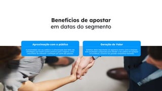 Aproximação com o público
A proximidade com seu público e a comunicação bem-feita são
estratégias que trazem pontos positivos para o negócio, como
crescimento do interesse e aceitação por parte das pessoas.
Geração de Valor
Enfatizar datas importantes do segmento mostra como a empresa
está atualizada e preparada para atender o seu público em qualquer
circunstância, inclusive nas grandes campanhas nacionais.
Benefícios de apostar
em datas do segmento
 