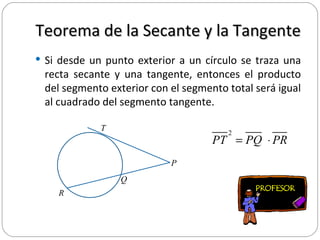 Teorema de la Secante y la Tangente Si desde un punto exterior a un círculo se traza una recta secante y una tangente, entonces el producto del segmento exterior con el segmento total será igual al cuadrado del segmento tangente.