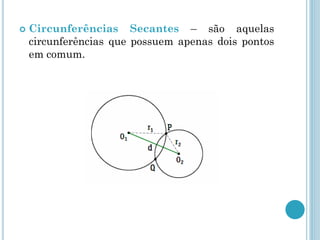  Circunferências Secantes – são aquelas
circunferências que possuem apenas dois pontos
em comum.
 