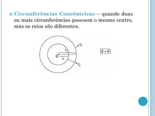  Circunferências Concêntricas – quando duas
ou mais circunferências possuem o mesmo centro,
mas os raios são diferentes.
 