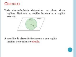CÍRCULO
Toda circunferência determina no plano duas
regiões distintas: a região interna e a região
externa.
A reunião da circunferência com a sua região
interna denomina-se círculo.
 