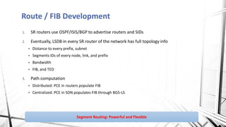 Route / FIB Development
1. SR routers use OSPF/ISIS/BGP to advertise routers and SIDs
2. Eventually, LSDB in every SR router of the network has full topology info
▪ Distance to every prefix, subnet
▪ Segments IDs of every node, link, and prefix
▪ Bandwidth
▪ FIB, and TED
3. Path computation
▪ Distributed: PCE in routers populate FIB
▪ Centralized: PCE in SDN populates FIB through BGS-LS
Segment Routing: Powerful and Flexible
 