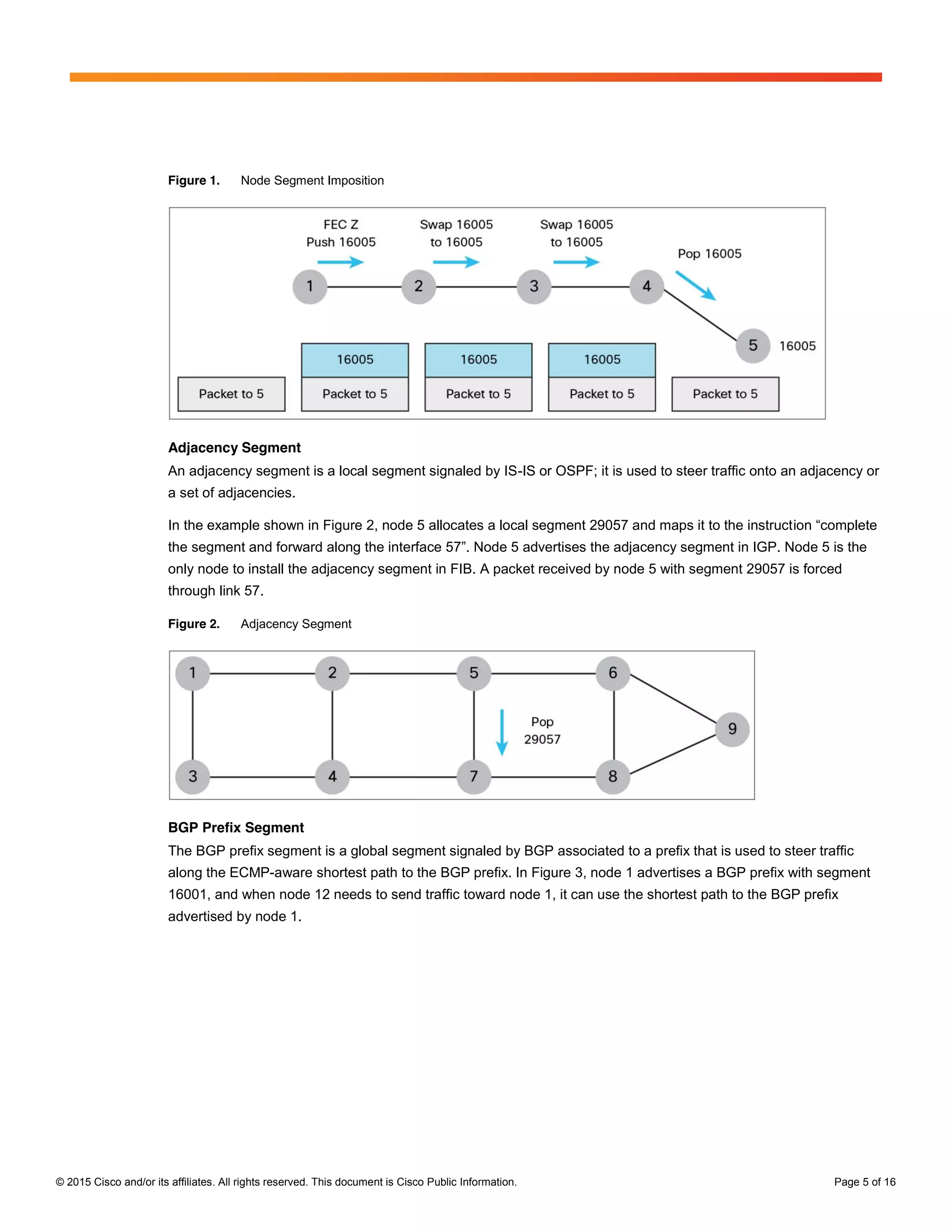 © 2015 Cisco and/or its affiliates. All rights reserved. This document is Cisco Public Information. Page 5 of 16
Figure 1. Node Segment Imposition
Adjacency Segment
An adjacency segment is a local segment signaled by IS-IS or OSPF; it is used to steer traffic onto an adjacency or
a set of adjacencies.
In the example shown in Figure 2, node 5 allocates a local segment 29057 and maps it to the instruction  “complete  
the  segment  and  forward  along  the  interface  57”.  Node  5  advertises  the  adjacency  segment  in  IGP.  Node  5  is  the  
only node to install the adjacency segment in FIB. A packet received by node 5 with segment 29057 is forced
through link 57.
Figure 2. Adjacency Segment
BGP Prefix Segment
The BGP prefix segment is a global segment signaled by BGP associated to a prefix that is used to steer traffic
along the ECMP-aware shortest path to the BGP prefix. In Figure 3, node 1 advertises a BGP prefix with segment
16001, and when node 12 needs to send traffic toward node 1, it can use the shortest path to the BGP prefix
advertised by node 1.
 