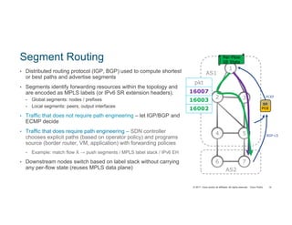 © 2017 Cisco and/or its affiliates. All rights reserved. Cisco Public
Segment Routing
• Distributed routing protocol (IGP, BGP) used to compute shortest
or best paths and advertise segments
• Segments identify forwarding resources within the topology and
are encoded as MPLS labels (or IPv6 SR extension headers).
• Global segments: nodes / prefixes
• Local segments: peers, output interfaces
• Traffic that does not require path engineering – let IGP/BGP and
ECMP decide
• Traffic that does require path engineering – SDN controller
chooses explicit paths (based on operator policy) and programs
source (border router, VM, application) with forwarding policies
• Example: match flow X → push segments / MPLS label stack / IPv6 EH
• Downstream nodes switch based on label stack without carrying
any per-flow state (reuses MPLS data plane)
14
4 5
3
6 7
AS2
2
1
AS1
BGP-LS
PCEP
pkt
16007
16003
16002
SR
PCE
 