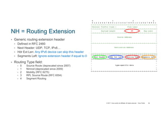 © 2017 Cisco and/or its affiliates. All rights reserved. Cisco Public
NH = Routing Extension
• Generic routing extension header
• Defined in RFC 2460
• Next Header: UDP, TCP, IPv6…
• Hdr Ext Len: Any IPv6 device can skip this header
• Segments Left: Ignore extension header if equal to 0
• Routing Type field:
• 0 Source Route (deprecated since 2007)
• 1 Nimrod (deprecated since 2009)
• 2 Mobility (RFC 6275)
• 3 RPL Source Route (RFC 6554)
• 4 Segment Routing
36
43
 
