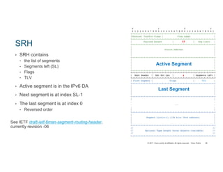 © 2017 Cisco and/or its affiliates. All rights reserved. Cisco Public
SRH
• SRH contains
• the list of segments
• Segments left (SL)
• Flags
• TLV
• Active segment is in the IPv6 DA
• Next segment is at index SL-1
• The last segment is at index 0
• Reversed order
38
4
43
Active Segment
Last Segment
See IETF draft-ietf-6man-segment-routing-header,
currently revision -06
TAG
 