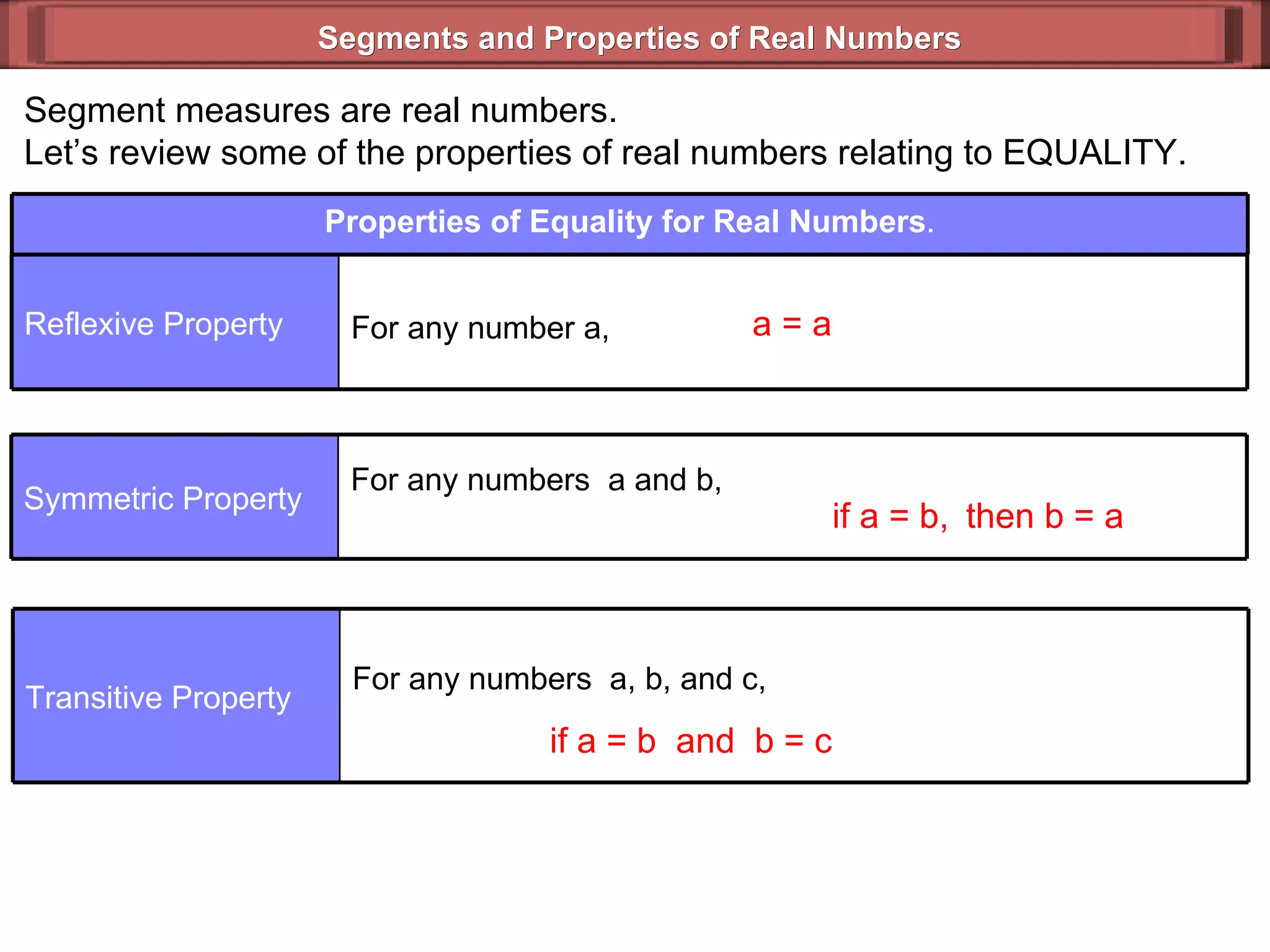 Segments and Properties of Real Numbers Segment measures are real numbers. Let’s review some of the properties of real numbers relating to EQUALITY. a = a if a = b,  then b = a  if a = b  and  b = c Properties of Equality for Real Numbers . For any number a,  Reflexive Property For any numbers  a and b,  Symmetric Property For any numbers  a, b, and c,   Transitive Property 