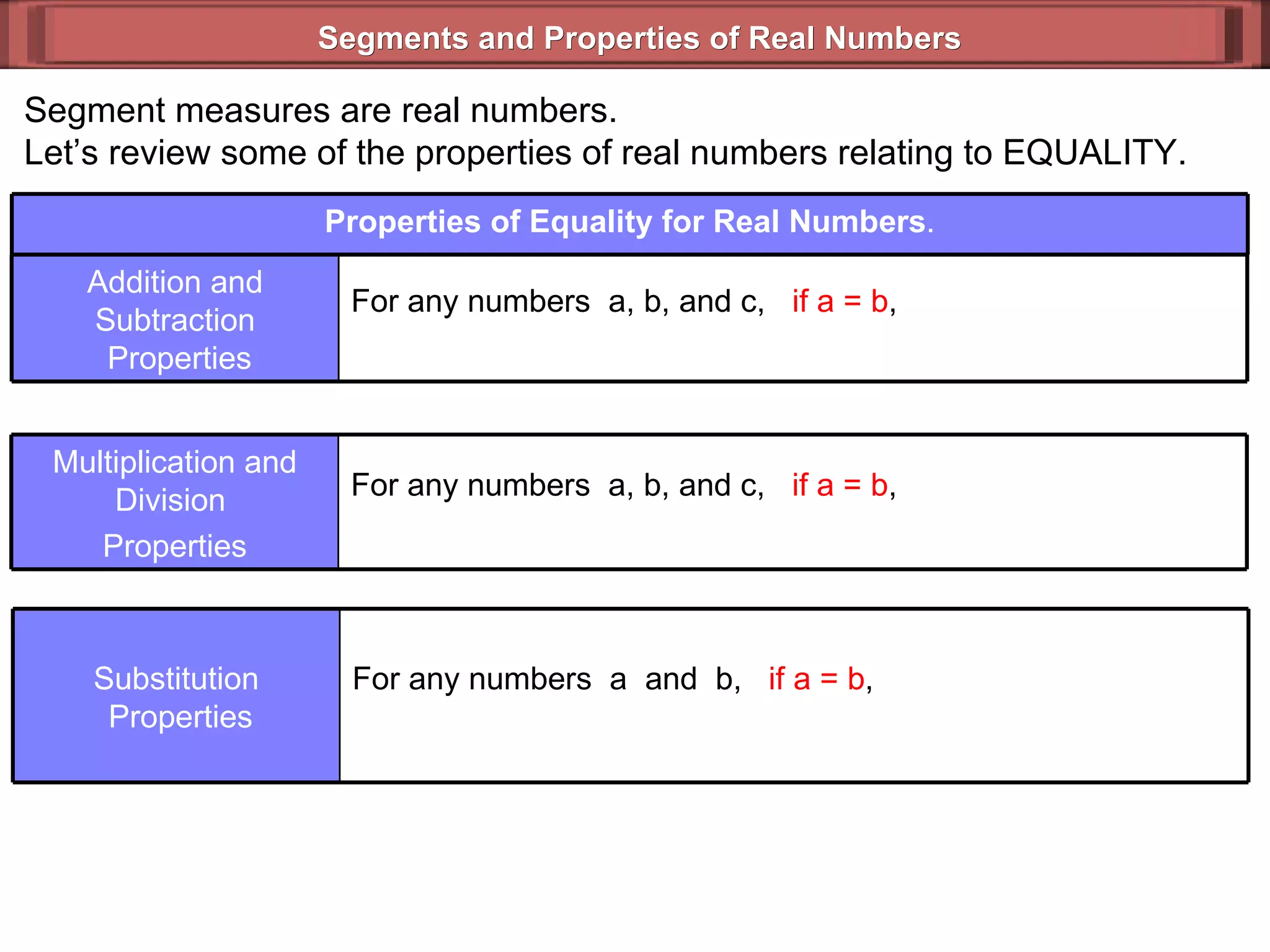Segments and Properties of Real Numbers Segment measures are real numbers. Let’s review some of the properties of real numbers relating to EQUALITY. Properties of Equality for Real Numbers . For any numbers  a, b, and c,  if a = b ,  Addition and Subtraction  Properties For any numbers  a, b, and c,  if a = b ,  Multiplication and Division  Properties For any numbers  a  and  b,  if a = b ,   Substitution  Properties 