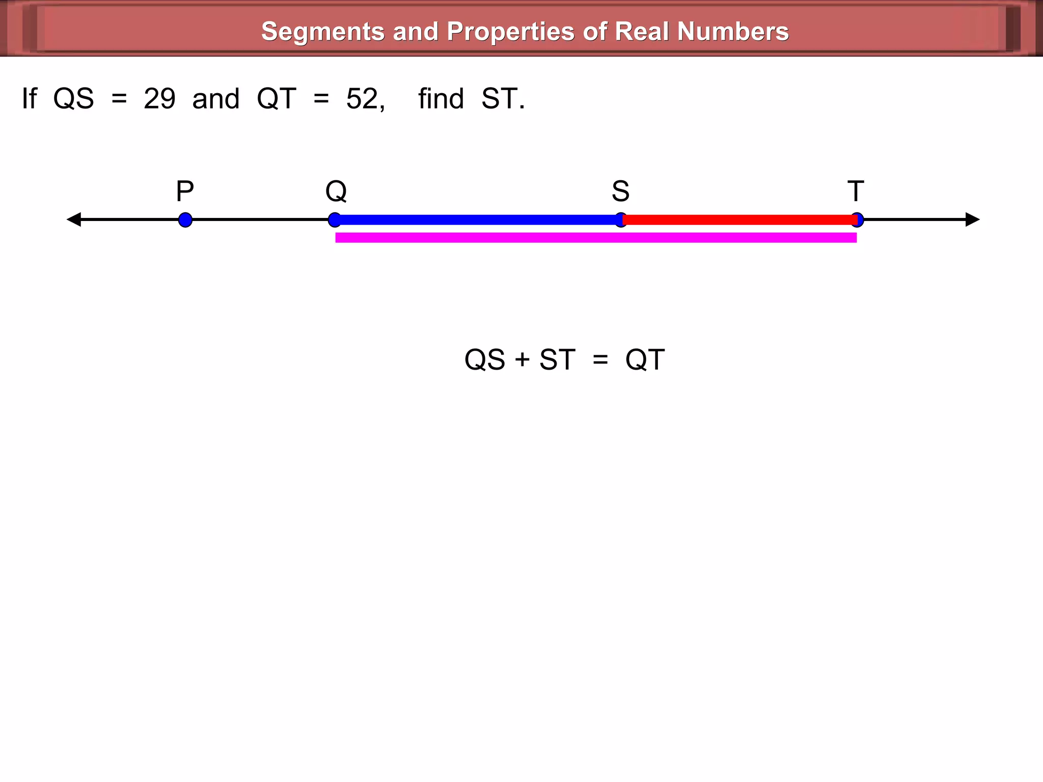 Segments and Properties of Real Numbers If  QS  =  29  and  QT  =  52,  find  ST. QS + ST  =  QT P Q S T 