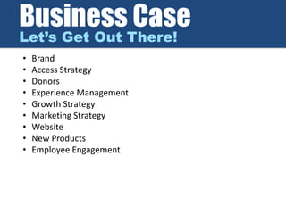 Business Case
Let’s Get Out There!
• Brand
• Access Strategy
• Donors
• Experience Management
• Growth Strategy
• Marketing Strategy
• Website
• New Products
• Employee Engagement
 