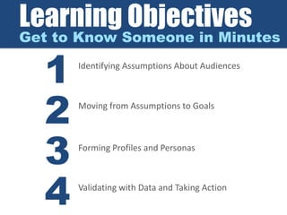 Learning Objectives
Get to Know Someone in Minutes
1
2
3
4
Identifying Assumptions About Audiences
Forming Profiles and Personas
Moving from Assumptions to Goals
Validating with Data and Taking Action
 