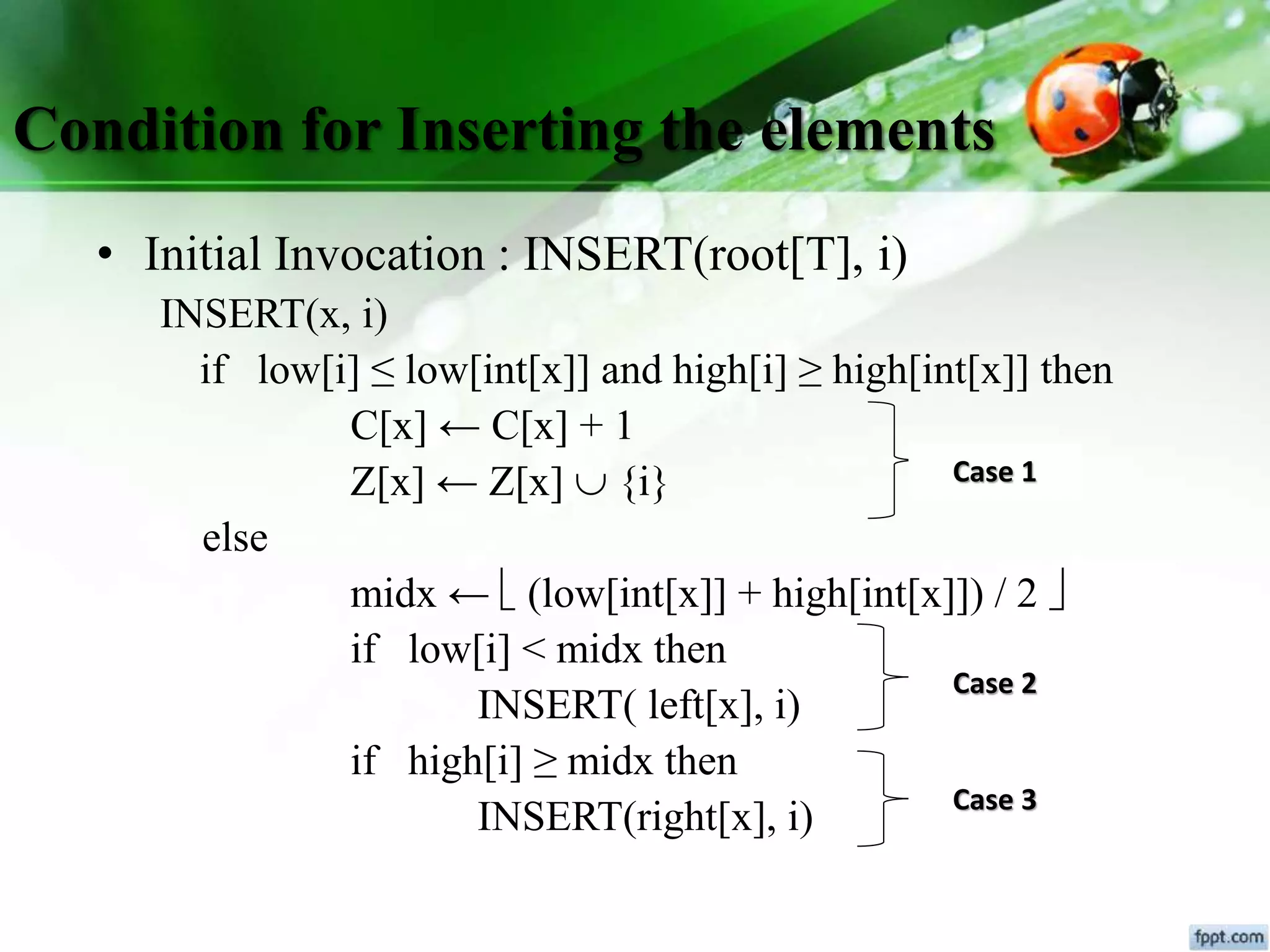Condition for Inserting the elements
• Initial Invocation : INSERT(root[T], i)
INSERT(x, i)
if low[i] ≤ low[int[x]] and high[i] ≥ high[int[x]] then
C[x] ← C[x] + 1
Z[x] ← Z[x]  {i}
else
midx ←  (low[int[x]] + high[int[x]]) / 2 
if low[i] < midx then
INSERT( left[x], i)
if high[i] ≥ midx then
INSERT(right[x], i)
Case 1
Case 2
Case 3
 
