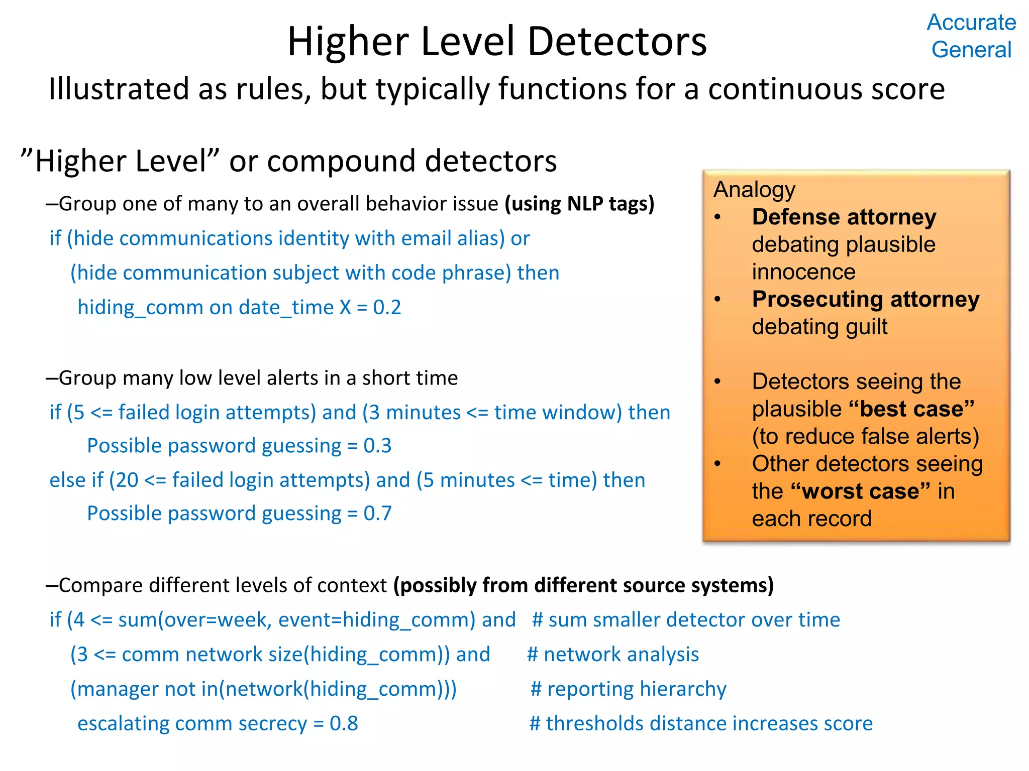 Higher Level Detectors Illustrated as rules, but typically functions for a continuous score ”Higher Level” or compound detectors –Group one of many to an overall behavior issue (using NLP tags) if (hide communications identity with email alias) or (hide communication subject with code phrase) then hiding_comm on date_time X = 0.2 –Group many low level alerts in a short time if (5 <= failed login attempts) and (3 minutes <= time window) then Possible password guessing = 0.3 else if (20 <= failed login attempts) and (5 minutes <= time) then Possible password guessing = 0.7 –Compare different levels of context (possibly from different source systems) if (4 <= sum(over=week, event=hiding_comm) and # sum smaller detector over time (3 <= comm network size(hiding_comm)) and # network analysis (manager not in(network(hiding_comm))) # reporting hierarchy escalating comm secrecy = 0.8 # thresholds distance increases score Analogy • Defense attorney debating plausible innocence • Prosecuting attorney debating guilt • Detectors seeing the plausible “best case” (to reduce false alerts) • Other detectors seeing the “worst case” in each record Accurate General 