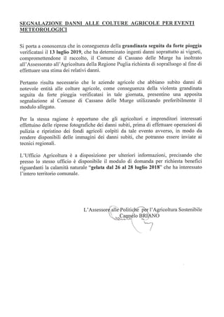 Segnalazione danni alle colture agricole per eventi meteorologici del 13 luglio 2019