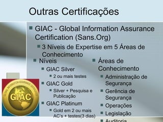 Outras Certificações
 GIAC - Global Information Assurance
Certification (Sans.Org)
 3 Níveis de Expertise em 5 Áreas de
Conhecimento
 Níveis
 GIAC Silver
 2 ou mais testes
 GIAC Gold
 Silver + Pesquisa e
Publicação
 GIAC Platinum
 Gold em 2 ou mais
AC’s + testes(3 dias)
 Áreas de
Conhecimento
 Administração de
Segurança
 Gerência de
Segurança
 Operações
 Legislação
 