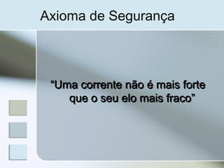 Axioma de Segurança
““Uma corrente não é mais forteUma corrente não é mais forte
que o seu elo mais fraco”que o seu elo mais fraco”
 