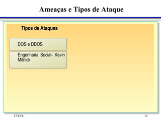 Ameaças e Tipos de Ataque

     Tipos de Ataques

  DOS e DDOS

  Engenharia Social- Kevin
  Mitnick




27/12/11                                12
 