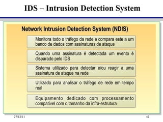 IDS – Intrusion Detection System

     Network Intrusion Detection System (NDIS)
           Monitora todo o tráfego da rede e compara este a um
           banco de dados com assinaturas de ataque
           Quando uma assinatura é detectada um evento é
           disparado pelo IDS
           Sistema utilizado para detectar e/ou reagir a uma
           assinatura de ataque na rede
           Utilizado para analisar o tráfego de rede em tempo
           real

           Equipamento dedicado com processamento
           compatível com o tamanho da infra-estrutura

27/12/11                                                         42
 