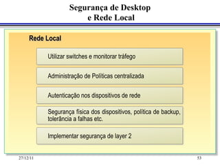 Segurança de Desktop
                        e Rede Local

     Rede Local

           Utilizar switches e monitorar tráfego

           Administração de Políticas centralizada

           Autenticação nos dispositivos de rede

           Segurança física dos dispositivos, política de backup,
           tolerância a falhas etc.

           Implementar segurança de layer 2


27/12/11                                                            53
 