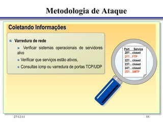 Metodologia de Ataque
Coletando Informações	

"   Varredura de rede
    "   Verificar sistemas operacionais de servidores   Port Service
    alvo                                                20?… closed
                                                        21?… FTP
    "   Verificar que serviços estão ativos,            22?… closed
                                                        23?… closed
    "   Consultas icmp ou varredura de portas TCP/UDP   24?… closed
                                                        25?… SMTP




  27/12/11                                                             55
 