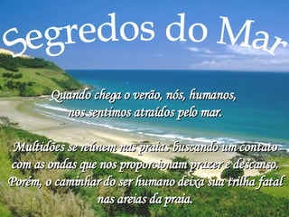 Segredos do Mar Quando chega o verão, nós, humanos,  nos sentimos atraídos pelo mar. Multidões se reúnem nas praias buscando um contato com as ondas que nos proporcionam prazer e descanso. Porém, o caminhar do ser humano deixa sua trilha fatal nas areias da praia. 