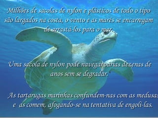 As tartarugas marinhas confundem-nas com as medusas e  as comem, afogando-se na tentativa de engoli-las.   Milhões de sacolas de nylon e plásticos de todo o tipo  são largados na costa, o vento e as marés se encarregam  de arrastá-los para o mar.   Uma sacola de nylon pode navegar várias dezenas de anos sem se degradar. 