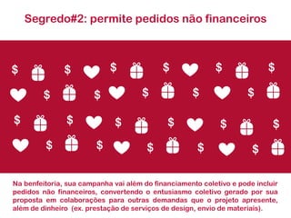 Segredo#2: permite pedidos não financeiros 
Nabenfeitoria,suacampanhavaialémdofinanciamentocoletivoepodeincluirpedidosnãofinanceiros,convertendooentusiasmocoletivogeradoporsuapropostaemcolaboraçõesparaoutrasdemandasqueoprojetoapresente, alémdedinheiro(ex.prestaçãodeserviçosdedesign,enviodemateriais). 
$ 
$ 
$ 
$ 
$ 
$ 
$ 
$ $ 
$ 
$ 
$ 
$ 
$ 
$ 
$ 
$ 
$ 
$ $ 
$ 
$  
