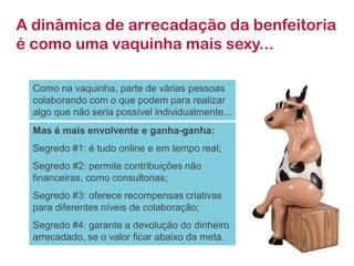 A dinâmica de arrecadação da benfeitoria
é como uma vaquinha mais sexy...

  Como na vaquinha, parte de várias pessoas
  colaborando com o que podem para realizar
  algo que não seria possível individualmente...
  Mas é mais envolvente e ganha-ganha:
  Segredo #1: é tudo online e em tempo real;
  Segredo #2: permite contribuições não
  financeiras, como consultorias;
  Segredo #3: oferece recompensas criativas
  para diferentes níveis de colaboração;
  Segredo #4: garante a devolução do dinheiro
  arrecadado, se o valor ficar abaixo da meta.
 