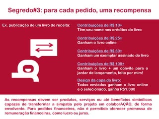 Segredo#3: para cada pedido, uma recompensa

Ex. publicação de um livro de receita:   Contribuições de R$ 10+
                                         Têm seu nome nos créditos do livro

                                         Contribuições de R$ 25+
                                         Ganham o livro online

                                         Contribuições de R$ 50+
                                         Ganham um exemplar assinado do livro

                                         Contribuições de R$ 100+
                                         Ganham o livro + um convite para o
                                         jantar de lançamento, feito por mim!
                                         Design da capa do livro:
                                         Todos enviados ganham o livro online
                                         e o selecionado, ganha R$1.000

 As recompensas devem ser produtos, serviços ou até benefícios simbólicos
 capazes de transformar a simpatia pelo projeto em colaborAÇÃO, de forma
 envolvente. Para pedidos financeiros, não é permitido oferecer promessa de
 remuneração financeiras, como lucro ou juros.
 