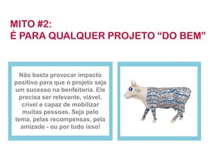 MITO #2:
É PARA QUALQUER PROJETO “DO BEM”


  Não basta provocar impacto
positivo para que o projeto seja
um sucesso na benfeitoria. Ele
 precisa ser relevante, viável,
   crível e capaz de mobilizar
   muitas pessoas. Seja pelo
tema, pelas recompensas, pela
  amizade - ou por tudo isso!
 