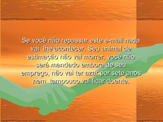 Se você não repassar este e-mail nada vai  lhe acontecer. Seu animal de estimação não vai morrer, você não será mandado embora de seu emprego, não vai ter azar por sete anos nem  tampouco vai ficar doente. 