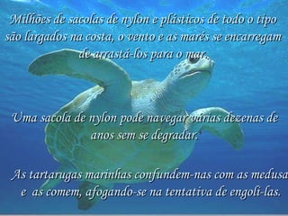 As tartarugas marinhas confundem-nas com as medusas e  as comem, afogando-se na tentativa de engoli-las.   Milhões de sacolas de nylon e plásticos de todo o tipo  são largados na costa, o vento e as marés se encarregam  de arrastá-los para o mar.   Uma sacola de nylon pode navegar várias dezenas de anos sem se degradar. 