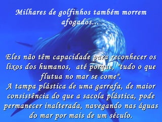 Milhares de golfinhos também morrem
afogados...
Eles não têm capacidade para reconhecer osEles não têm capacidade para reconhecer os
lixos dos humanos, até porque, "tudo o quelixos dos humanos, até porque, "tudo o que
flutua no mar se come".flutua no mar se come".
A tampa plástica de uma garrafa, de maiorA tampa plástica de uma garrafa, de maior
consistência do que a sacola plástica, podeconsistência do que a sacola plástica, pode
permanecer inalterada, navegando nas águaspermanecer inalterada, navegando nas águas
do mar por mais de um século.do mar por mais de um século.
 