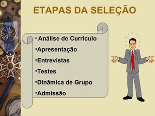 ETAPAS DA SELEÇÃO
• Análise de Currículo
•Apresentação
•Entrevistas
•Testes
•Dinâmica de Grupo
•Admissão
 