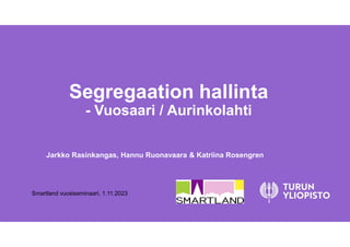Segregaation hallinta
- Vuosaari / Aurinkolahti
Jarkko Rasinkangas, Hannu Ruonavaara & Katriina Rosengren
Smartland vuosiseminaari, 1.11.2023
 